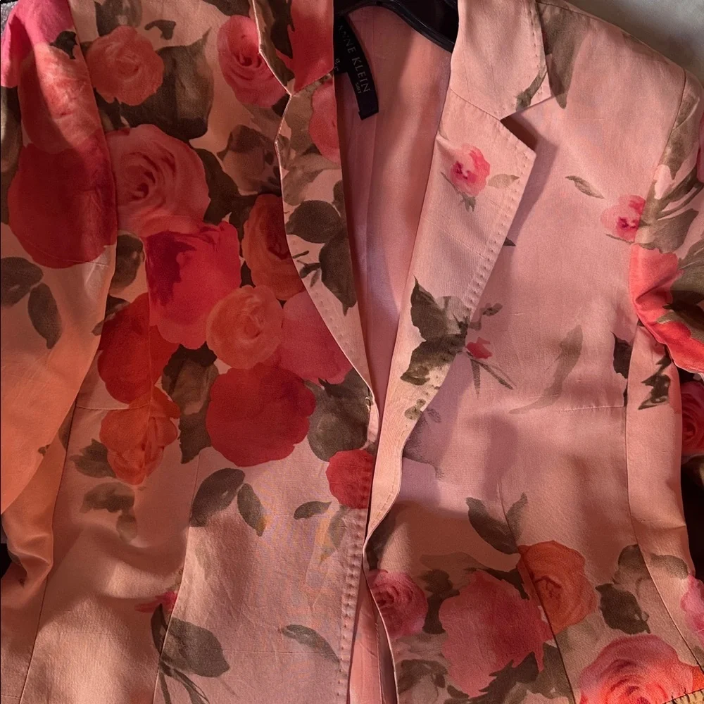 Anne Klein Statement Floral Pink 100% Silk  Long Blazer size 8
